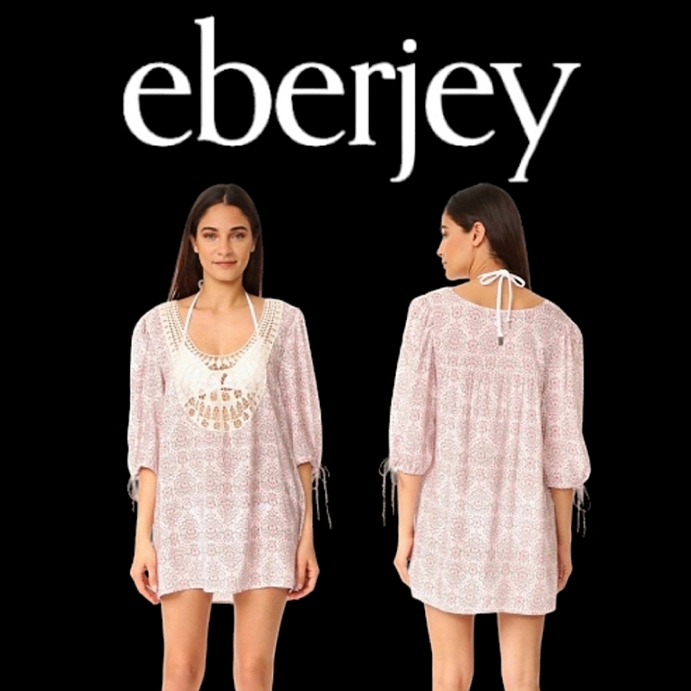 Eberjey Indra Cover-up Dress S-M Coral/Brown Floral Print Crochet Bodice Boho